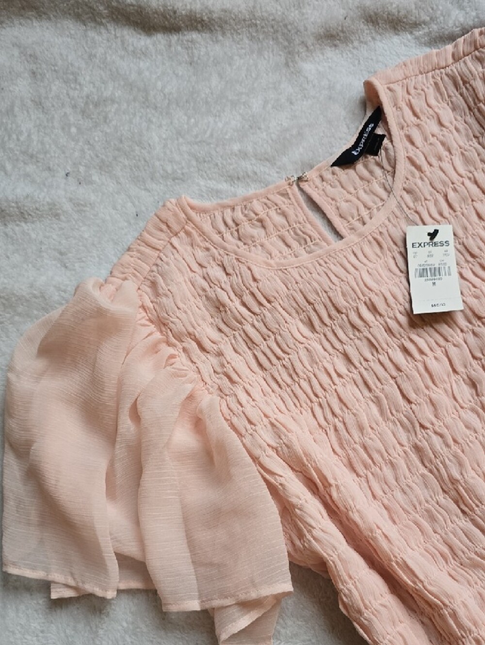 Express Light Blush Pink Smocked Puff-Sleeve Top